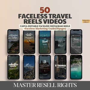 May include: A digital marketing product for travel influencers featuring 50 Instagram reel videos and a marketing guide. The image shows a collage of 10 different video previews with travel-themed text and imagery.