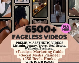 Könnte beinhalten: Eine rosa und weiße Grafik mit dem Text "6500+ Faceless Videos" und "PLR MRR" in einem rosa Kreis. Der Text darunter lautet "Premium Aesthetic Videos Melanin, Luxury, Travel, Real Estate, Wellness, Business... +Faceless Marketing Guide +Social Media Planner +250 Reels Hooks! With Resell Rights Master Resell Rights".