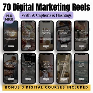 Puede incluir: Un producto de marketing digital con 10 smartphones que muestran consejos y leyendas de marketing. La imagen incluye el texto "70 Digital Marketing Reels" y "With 70 Captions & Hashtags". Incluye 3 cursos digitales de bonificación.