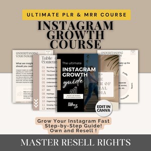 May include: A digital marketing course titled "Instagram Growth Guide" with a black background and a woman walking on a path. The course includes 12 modules, including branding, content strategy, and hashtags. The course is available for resale with master resell rights.
