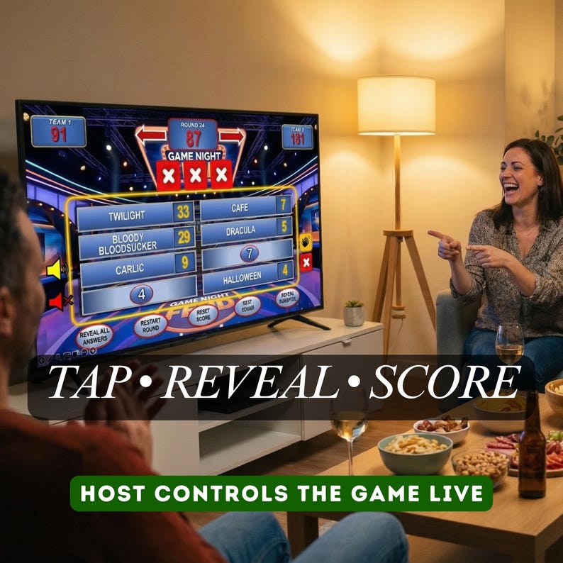May include: A flat-screen TV displays a game show interface with categories and scores. The text "TAP &bull; REVEAL &bull; SCORE" is at the bottom. A woman laughs while pointing at the screen. Snacks and drinks are on a table.