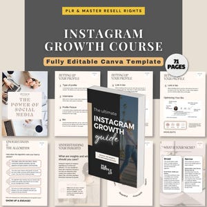 K&ouml;nnte beinhalten: Eine Instagram Growth Course-Vorlage mit dem Text "INSTAGRAM GROWTH COURSE" und "Fully Editable Canva Template". Das Bild enth&auml;lt einen Leitfaden mit dem Titel "The ultimate INSTAGRAM GROWTH guide" und mehrere Seiten mit Tipps zur Profileinrichtung.
