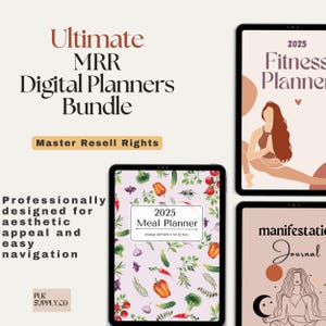 May include: A digital planner bundle featuring three different designs. The first planner is a meal planner with a pink background and a watercolour pattern of vegetables and herbs. The second planner is a fitness planner with a pink background and a woman in a yoga pose. The third planner is a manifestation journal with a pink background and a woman meditating with a crescent moon and stars. The text on the planners reads "2025 Meal Planner", "2025 Fitness Planner", and "Manifestation Journal".