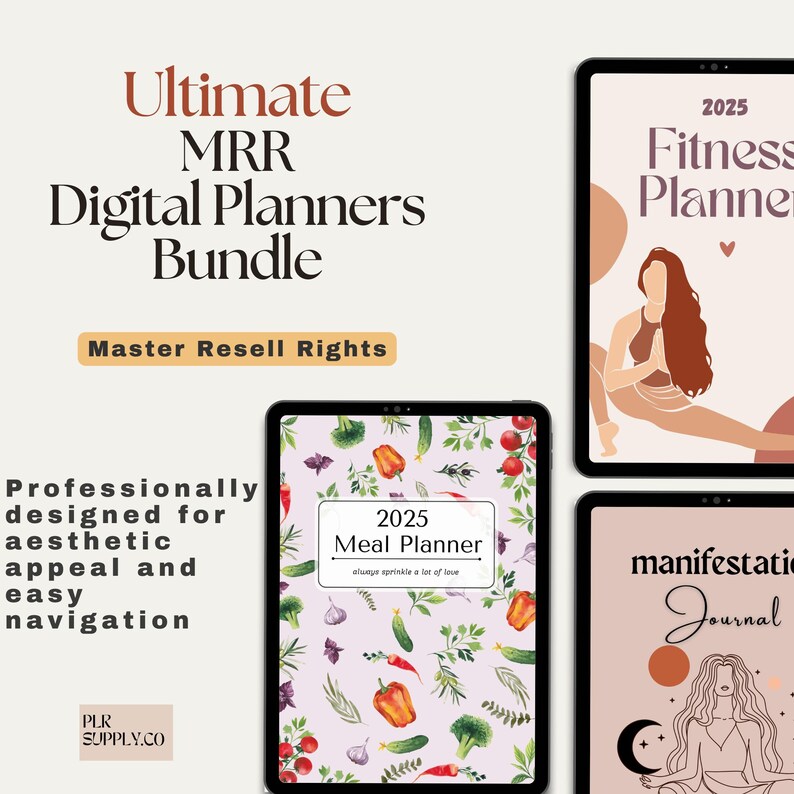 May include: A digital planner bundle featuring three different designs. The first planner is a meal planner with a pink background and a watercolour pattern of vegetables and herbs. The second planner is a fitness planner with a pink background and a woman in a yoga pose. The third planner is a manifestation journal with a pink background and a woman meditating with a crescent moon and stars. The text on the planners reads "2025 Meal Planner", "2025 Fitness Planner", and "Manifestation Journal".