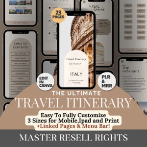 Może przedstawiać: Mockup produktu cyfrowego dla szablonu planu podróży. Szablon jest przeznaczony dla Włoch i zawiera zdjęcie Koloseum. Tekst "The Ultimate Travel Itinerary" jest wyświetlany dużymi, pogrubionymi literami. Tekst "Easy To Fully Customize 3 Sizes for Mobile, Ipad and Print +Linked Pages & Menu Bar!" jest wyświetlany mniejszymi literami. Tekst "Master Resell Rights" jest wyświetlany dużymi, pogrubionymi literami.