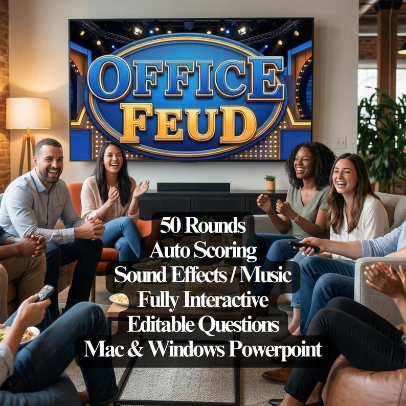 K&ouml;nnte beinhalten: Eine Gruppe von Menschen lacht und sitzt auf einem Sofa. Dahinter befindet sich ein gro&szlig;er Bildschirm mit den Worten "OFFICE FEUD" in Gold und Blau. Text unter dem Bildschirm listet Funktionen auf: 50 Runden, automatische Bewertung, Soundeffekte/Musik, voll interaktiv, bearbeitbare Fragen und Mac & Windows Powerpoint.