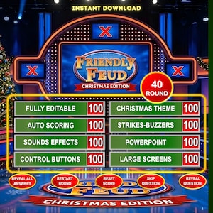Familiespel kerstvriendelijke vete, bewerkbare powerpoint-spelshow met automatische score, gezinsvriendelijke gezelschapsspelletjes, kersteditie