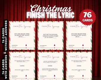 Christmas Printable Holiday Party Games, Finish the Lyric Friendly Feud Game, 76 Instant Download Cards