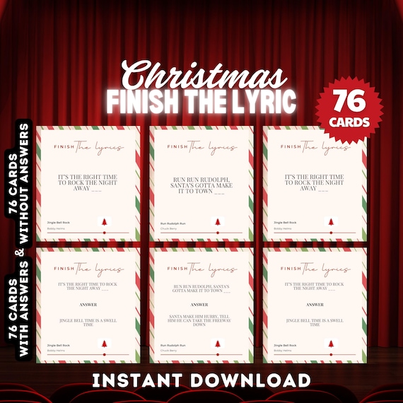 Christmas Printable Holiday Party Games, Finish the Lyric Friendly Feud Game, 76 Instant Download Cards