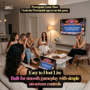Op de afbeelding: Een digitale PowerPoint-spelshow genaamd Bachelorette Feud, weergegeven op een televisiescherm en een laptop. Het spel bevat een vraag over vrijgezellenfeesten en vereist de PowerPoint-app om het spel soepel te kunnen spelen.