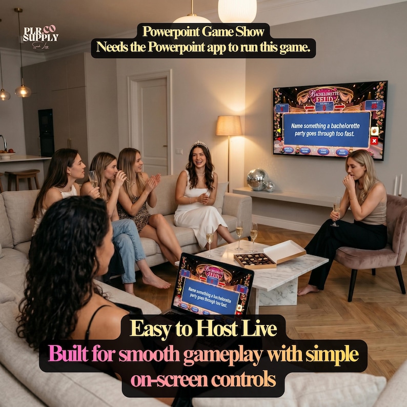 Op de afbeelding: Een digitale PowerPoint-spelshow genaamd Bachelorette Feud, weergegeven op een televisiescherm en een laptop. Het spel bevat een vraag over vrijgezellenfeesten en vereist de PowerPoint-app om het spel soepel te kunnen spelen.