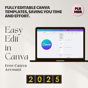 May include: A laptop computer screen displaying the Canva design platform with a design template open. The text "Easy Edit in Canva" is displayed on the left side of the image. The text "Free Canva Account" is displayed below the text "Easy Edit in Canva". The text "2025" is displayed in gold numbers at the bottom of the image.