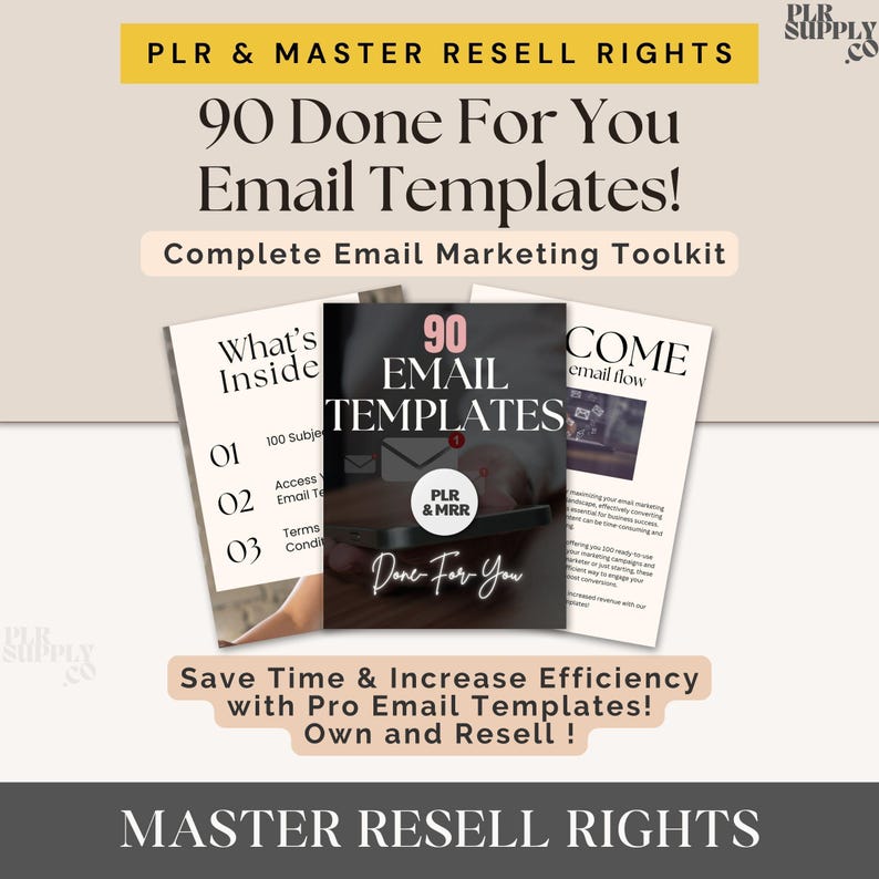 K&ouml;nnte beinhalten: Werbebild f&uuml;r E-Mail-Marketing-Vorlagen. Das Bild zeigt drei Dokumente mit dem Text "90 Email Templates" und "Complete Email Marketing Toolkit". Die Dokumente befinden sich vor einem hellbeigen Hintergrund mit dem Text "PLR & Master Resell Rights".