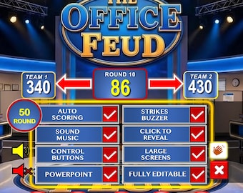 Friendly Feud Feestspel vakantiekantoor, bewerkbare powerpointspelshow met automatische score, teambuildingspellen op kantoor