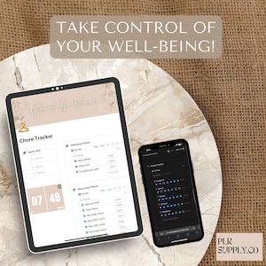 Pode incluir: Uma captura de tela de um aplicativo de planejamento digital em um tablet e um telefone. O aplicativo se chama "Ultimate Life Planner" e apresenta um rastreador de tarefas com uma lista de tarefas individuais e recorrentes. O aplicativo tamb&eacute;m inclui um rastreador de rotina com uma grade de quadrados para rastrear h&aacute;bitos di&aacute;rios.