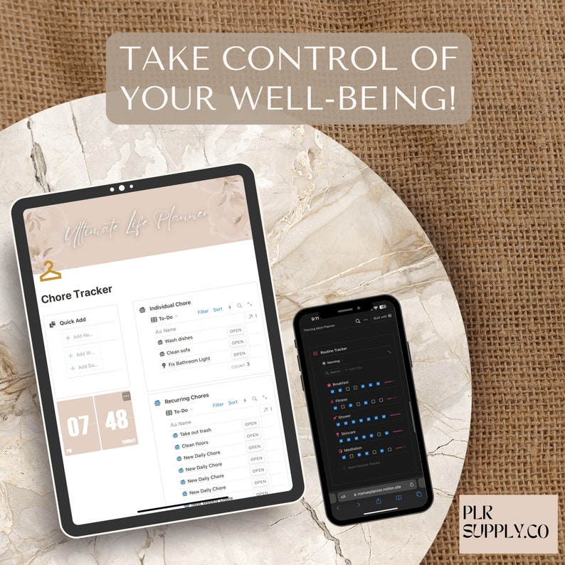 Pode incluir: Uma captura de tela de um aplicativo de planejamento digital em um tablet e um telefone. O aplicativo se chama "Ultimate Life Planner" e apresenta um rastreador de tarefas com uma lista de tarefas individuais e recorrentes. O aplicativo tamb&eacute;m inclui um rastreador de rotina com uma grade de quadrados para rastrear h&aacute;bitos di&aacute;rios.
