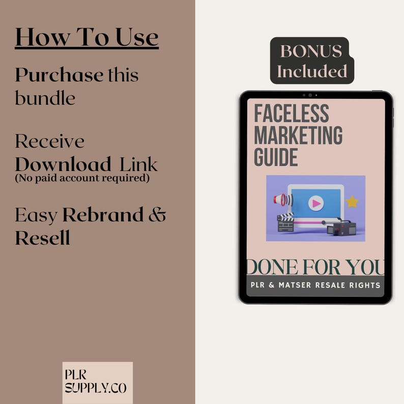 May include: A digital product mockup on a tablet screen. The screen shows a pink and purple background with a cartoon illustration of a video camera, microphone, and a play button. The text on the screen reads "Faceless Marketing Guide" and "Done For You PLR & Master Resale Rights".