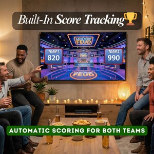 May include: A group of people are gathered around a television displaying a game show. The screen shows "Game Night Feud" with scores for Team 1 at 820 and Team 2 at 990. Text at the top reads "Built-In Score Tracking" and at the bottom "Automatic Scoring for Both Teams."