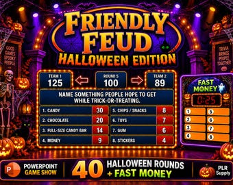 Halloween Friendly Feud Game with Fast Round, Editable Powerpoint Game Show with Auto Score, Halloween Party Games for Adults & Families
