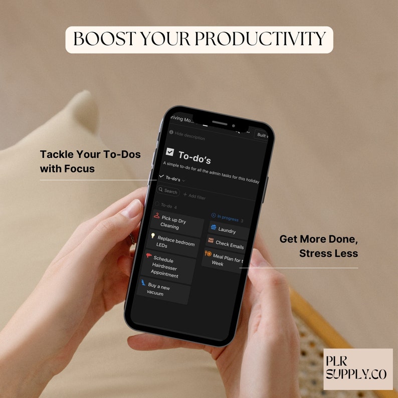 Pode incluir: A tela de um smartphone mostra um aplicativo de lista de tarefas com o t&iacute;tulo "To-do's". O aplicativo lista v&aacute;rias tarefas como "Pick up Dry Cleaning", "Replace bedroom LEDs", "Schedule Hairdresser Appointment" e "Buy a new vacuum". O texto "Get More Done, Stress Less" &eacute; exibido abaixo do telefone.