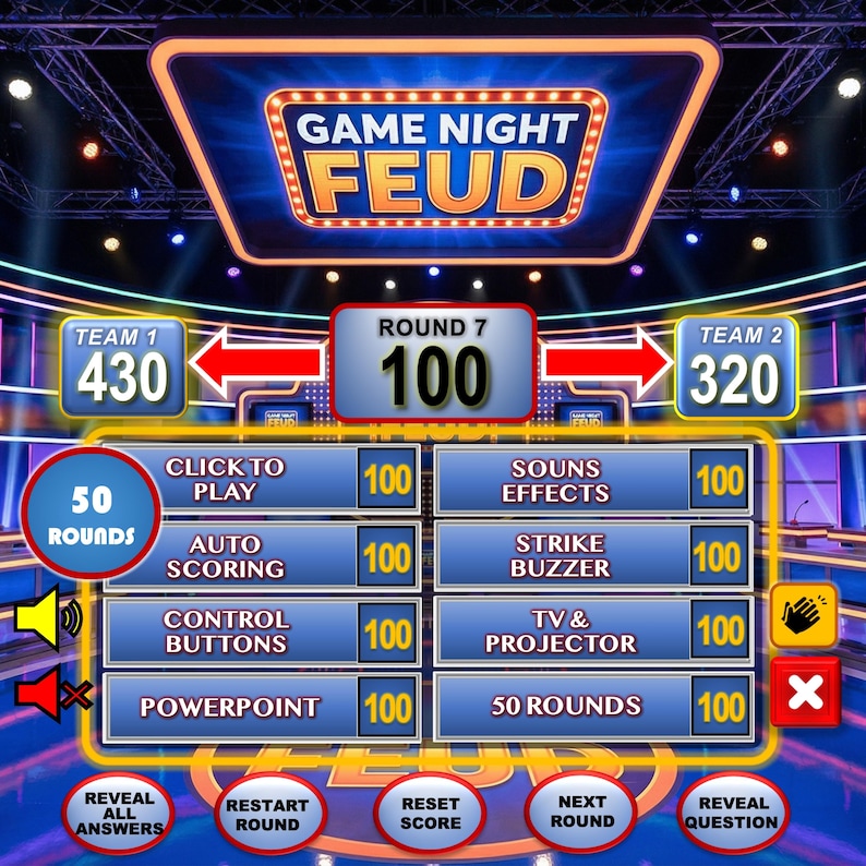 May include: A digital game interface for "Game Night Feud" with a blue and gold color scheme. The screen displays scores for Team 1 (430) and Team 2 (320), along with round information and various game options like "Click to Play" and "50 Rounds."
