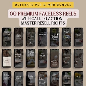 May include: A collection of 60 black and white phone screen mockups with text overlays. The text includes phrases like "Game Changer in Your Skincare", "Productivity Hack", "Make Reels Like a Pro", and "5 Steps That Helped My Business Growth".