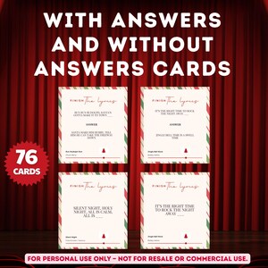 以下が含まれることがあります： 「Finish The Lyrics」のテキストが入った、76枚のクリスマス歌詞カードのセット。各カードには赤と緑のボーダーとクリスマスツリーのグラフィックがあります。「With Answers and Without Answers Cards」のテキストが上部にあります。