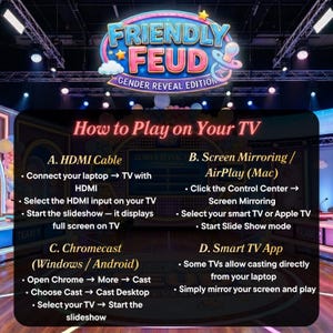 K&ouml;nnte beinhalten: Farbenfrohe Grafik f&uuml;r das Spiel "Friendly Feud Gender Reveal Edition", mit Anweisungen zum Spielen auf einem Fernseher &uuml;ber HDMI, Bildschirmspiegelung, Chromecast oder eine Smart-TV-App. Das Logo des Spiels befindet sich oben.