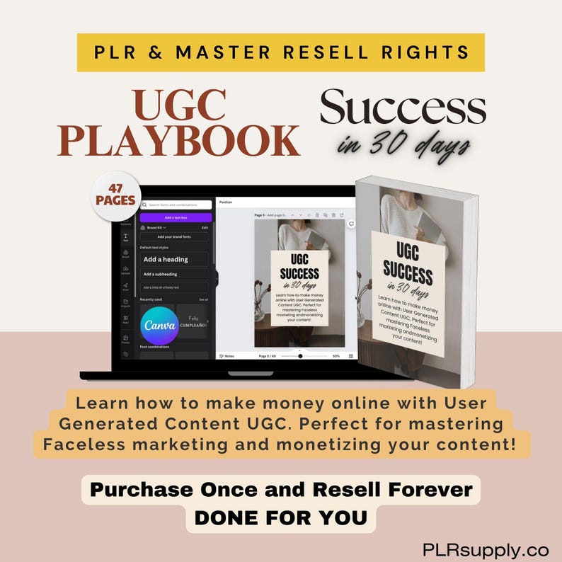 K&ouml;nnte beinhalten: Ein digitales Marketing-Bild mit dem Text "UGC PLAYBOOK" und "Success in 30 days". Das Bild zeigt einen Laptop mit einer Canva-Oberfl&auml;che und ein Buch mit dem Titel "UGC Success in 30 days". Das Bild wirbt f&uuml;r nutzergenerierte Inhalte.