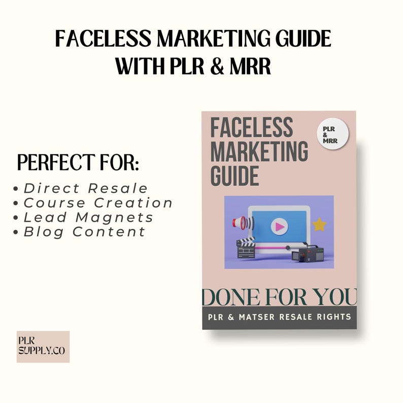 May include: A pink and purple digital marketing guide with the title "Faceless Marketing Guide" and the text "Done For You" with the words "PLR & Master Resale Rights". The guide features a cartoon image of a laptop with a video playing on the screen, a megaphone, a film clapboard, and a camera.