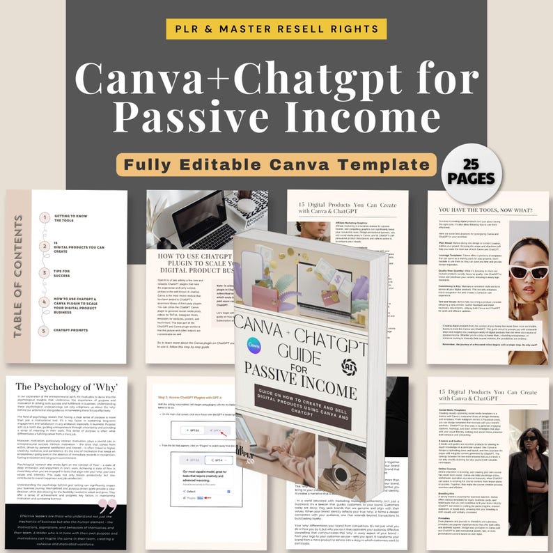 K&ouml;nnte beinhalten: Ein digitaler Leitfaden mit dem Titel "Canva + Chatgpt f&uuml;r passives Einkommen" mit dem Text "Vollst&auml;ndig bearbeitbare Canva-Vorlage" und "25 Seiten". Das Cover zeigt einen Laptop und ein Buch. Verschiedene Seiten werden angezeigt, darunter ein Inhaltsverzeichnis und Beispielinhalte.