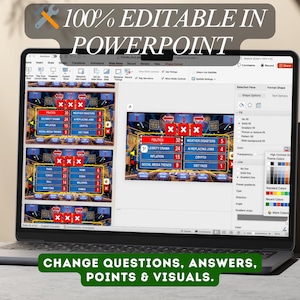 K&ouml;nnte beinhalten: Ein Laptop-Bildschirm zeigt eine PowerPoint-Pr&auml;sentation mit editierbaren Spielbrettern. Der Text auf dem Bildschirm lautet "100% EDITABLE IN POWERPOINT" und "CHANGE QUESTIONS, ANSWERS, POINTS & VISUALS."