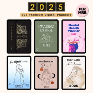May include: A collection of digital planner covers featuring various themes, including gratitude, reading, mental health, prayer, manifestation, and self-care. Each cover features a unique design and the year 2025.