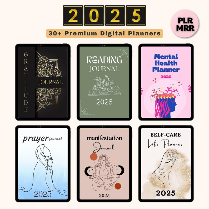 May include: A collection of digital planner covers featuring various themes, including gratitude, reading, mental health, prayer, manifestation, and self-care. Each cover features a unique design and the year 2025.