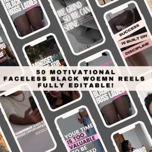 May include: A collection of 50 motivational phone screen mockups featuring black women. The mockups are fully editable and feature quotes such as "We Grind So We Can Shine", "Mindset Is For Queens", "Confidence Leads To Bigger Opportunities", "Success Is Built On Discipline", and "Your Time Is Too Valuable To Be Wasted".