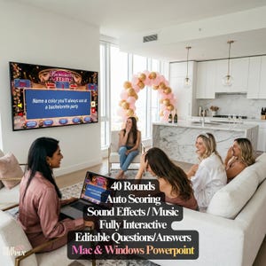 Op de afbeelding: Een digitaal Bachelorette Feud-spel weergegeven op een televisiescherm en een laptop, met 40 rondes, automatische puntentelling, geluidseffecten, muziek, volledig interactieve elementen en bewerkbare vragen en antwoorden voor PowerPoint.