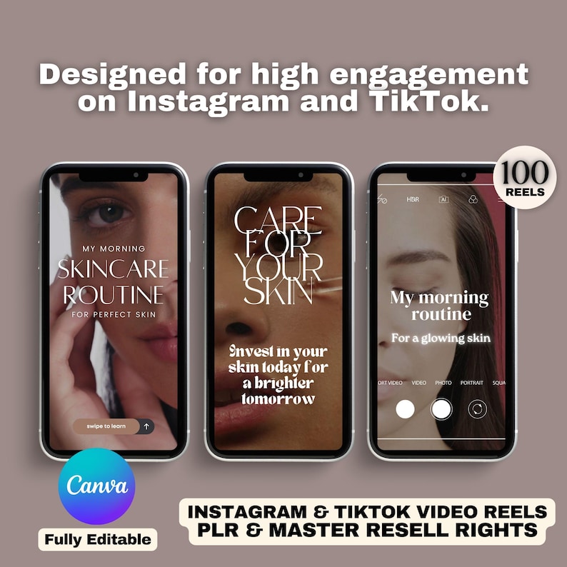 May include: Three phone screen mockups showing video reels for skincare routines. The text on the screens reads "My Morning Skincare Routine for Perfect Skin", "Care for Your Skin Invest in your skin today for a brighter tomorrow", and "My morning routine For a glowing skin". The text "100 Reels" is in a circle at the top right corner of the image.