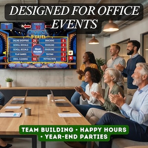 K&ouml;nnte beinhalten: Eine Gruppe von Menschen schaut auf einen Bildschirm, auf dem eine Spielshow namens "Office Feud" zu sehen ist. Der Bildschirm zeigt Spielantworten. Der Text oben lautet "Entworfen f&uuml;r B&uuml;ro-Events". Der Text unten lautet "Teambuilding, Happy Hours, Jahresendfeiern".
