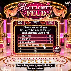 Op de afbeelding: Een digitaal spelscherm getiteld Bachelorette Feud met een spelshow-decor met roze en gouden verlichting. Het scherm toont de vraag Name something a bride-to-be packs for her bachelorette weekend met gerangschikte antwoorden zoals Outfits, Makeup en Champagne.