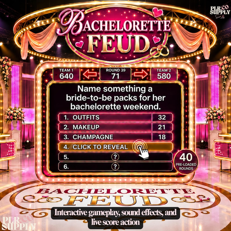 Op de afbeelding: Een digitaal spelscherm getiteld Bachelorette Feud met een spelshow-decor met roze en gouden verlichting. Het scherm toont de vraag Name something a bride-to-be packs for her bachelorette weekend met gerangschikte antwoorden zoals Outfits, Makeup en Champagne.