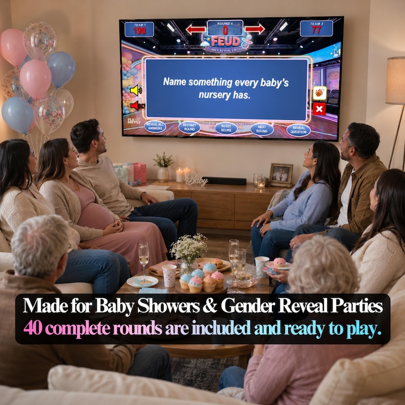 K&ouml;nnte beinhalten: Eine Gruppe von Menschen schaut eine Spielshow auf einem gro&szlig;en Fernseher. Die Spielshow hei&szlig;t "Feud" und die Frage auf dem Bildschirm lautet: "Nennen Sie etwas, das jedes Babyzimmer hat." Das Bild enth&auml;lt Luftballons, Cupcakes und Text mit der Aufschrift "Made for Baby Showers & Gender Reveal Parties."