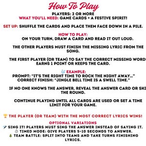以下が含まれることがあります： 「How To Play」というタイトルのゲーム説明書。プレイヤーが歌の歌詞を完成させるゲームの遊び方を説明しています。テキストは白地に黒と赤で書かれています。ゲームにはカードが必要です。