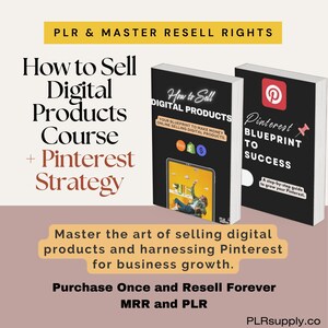 K&ouml;nnte beinhalten: Zwei B&uuml;cher mit schwarzen Einb&auml;nden sind abgebildet. Das erste Buch tr&auml;gt den Titel "How to Sell Digital Products" und das zweite Buch "Pinterest Blueprint to Success". Das Bild enth&auml;lt auch den Text "PLR & Master Resell Rights".