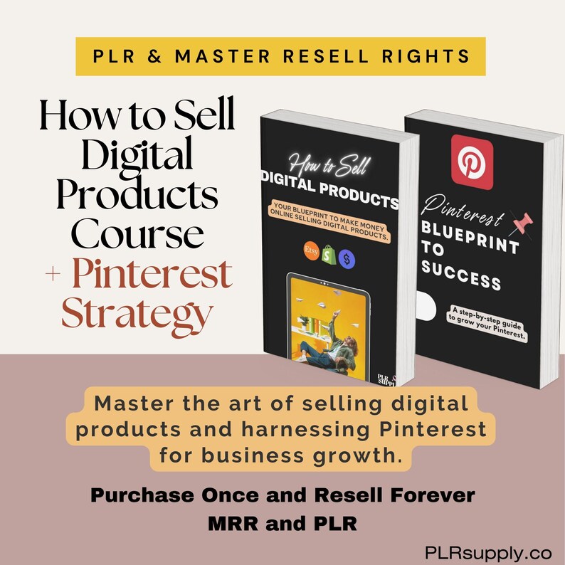 K&ouml;nnte beinhalten: Zwei B&uuml;cher mit schwarzen Einb&auml;nden sind abgebildet. Das erste Buch tr&auml;gt den Titel "How to Sell Digital Products" und das zweite Buch "Pinterest Blueprint to Success". Das Bild enth&auml;lt auch den Text "PLR & Master Resell Rights".