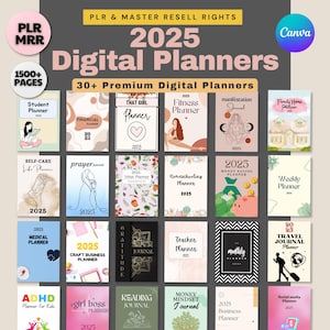 May include: A collage of 2025 digital planner covers with various themes, including student, financial, fitness, manifestation, family home, self-care, prayer, meal, homeschooling, money saving, weekly, medical, craft business, gratitude, teacher, monthly, travel, ADHD, girl boss, reading, money mindset, business, and social media. The covers feature colourful illustrations and text.