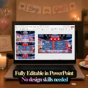 K&ouml;nnte beinhalten: Ein Laptop mit einer PowerPoint-Pr&auml;sentation f&uuml;r eine Gender-Reveal-Party. Der Bildschirm zeigt eine Vorlage im Game-Show-Stil mit Optionen f&uuml;r Kuchen, Konfetti und Dekorationen. Der Text unten lautet "Vollst&auml;ndig bearbeitbar in PowerPoint" und "Keine Designkenntnisse erforderlich."