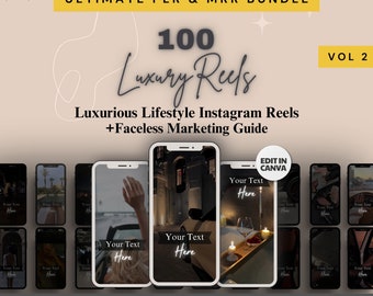 May include: An advertisement for a digital product bundle. The image features a collection of smartphone mockups showcasing luxury lifestyle Instagram Reels. Text includes "ULTIMATE PLR & MRR BUNDLE", "100 Luxury Reels", and "MASTER RESELL RIGHTS".