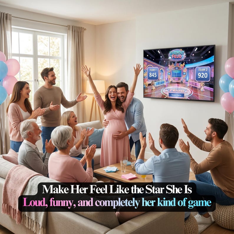 K&ouml;nnte beinhalten: Eine Familie feiert in einem Wohnzimmer, wobei eine schwangere Person in einem rosa Kleid im Mittelpunkt steht. Ein Fernseher zeigt die Spielshow "Family Feud". Der Text auf dem Bild lautet: "Make Her Feel Like the Star She Is, Loud, funny, and completely her kind of game".