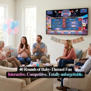 K&ouml;nnte beinhalten: Eine Gruppe von Menschen spielt in einem Wohnzimmer ein Spiel auf einem gro&szlig;en Fernsehbildschirm. Rosa und blaue Luftballons sind im Hintergrund. Der Text auf dem Bildschirm lautet "77 FEUD". Der Text unten lautet "40 Rounds of Baby-Themed Fun".