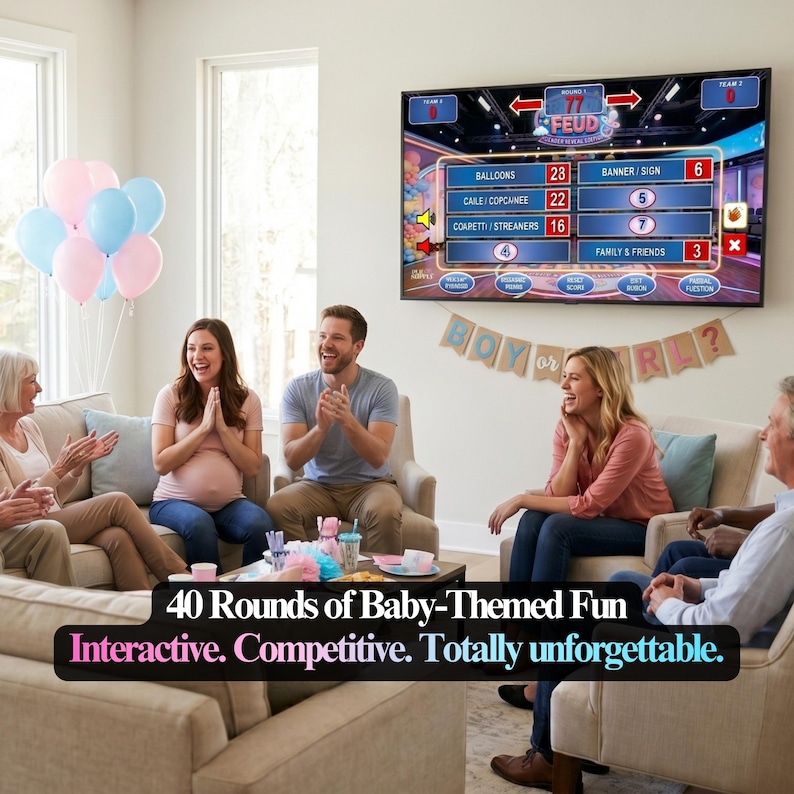 K&ouml;nnte beinhalten: Eine Gruppe von Menschen spielt in einem Wohnzimmer ein Spiel auf einem gro&szlig;en Fernsehbildschirm. Rosa und blaue Luftballons sind im Hintergrund. Der Text auf dem Bildschirm lautet "77 FEUD". Der Text unten lautet "40 Rounds of Baby-Themed Fun".